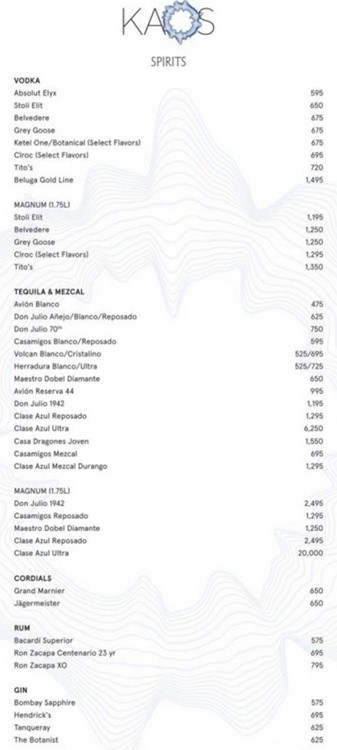 Kaos nightclub beach club bottle menu prices champagne vodka rum gin cognac book table now packages celebrate birthday hen bachelor parade bubbles