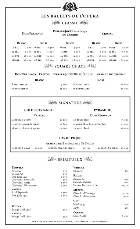 L'Opera nightclub St Tropez bottle menu champagne whisky tequila rum cognac vodka gin pricing 