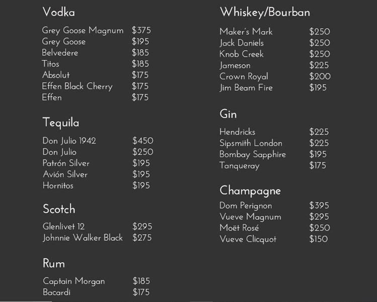 LA Social nightclub club Chicago menu alcohol vodka champagne rum gin prices