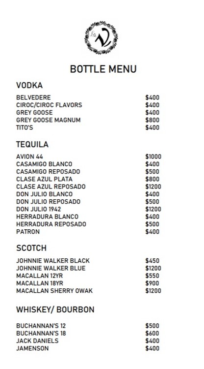 La V nightclub Miami bottle menu champagne liquor whisky vodka rum gin
