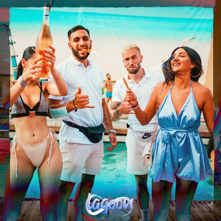 Lagoon pool club Paris group celebrate champagne parade alcohol bottle fun party