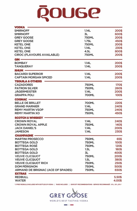 Le Rouge nightclub Montreal bottle menu vodka gin rum tequila champagne cognac mixers cocktails book vip table now