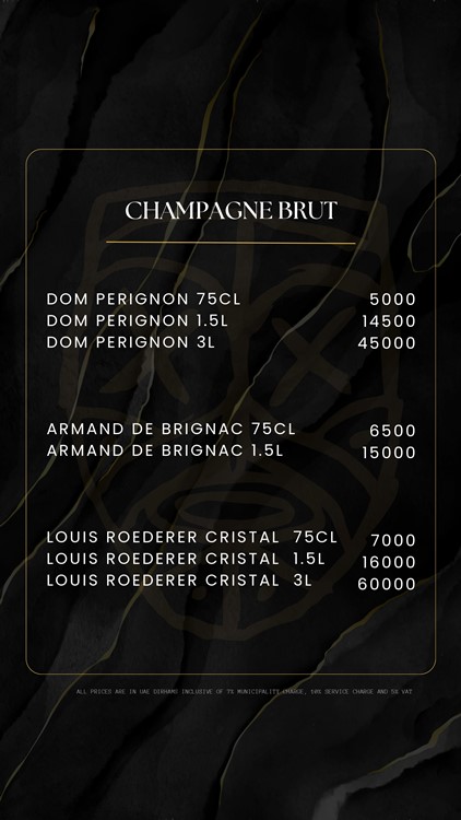 Lekki, alcohol list, prices, tequila, champagne