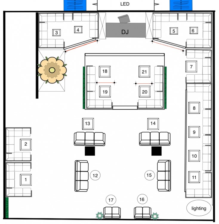 Liaison nightclub Los Angeles map view sitting area dj booth dance floor vip area