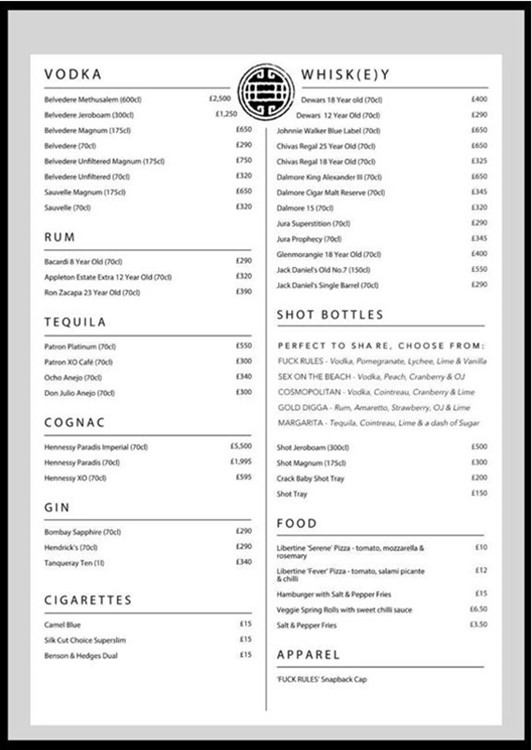 Libertine nightclub London bottle menu pricing list alcohol vodka rum tequila cognac gin whiskey