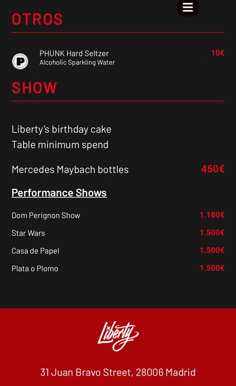 Liberty-Supper-Club-Madrid-nightclub beverages drinks non alcoholic menu