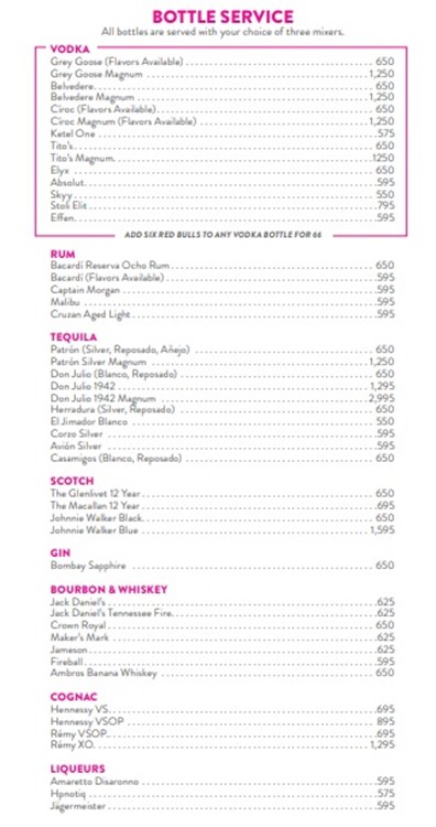 Liquid Pool club Las Vegas bottle menu special prices cognac whisky gin rum vodka champagne book vip table now beverages mixers 