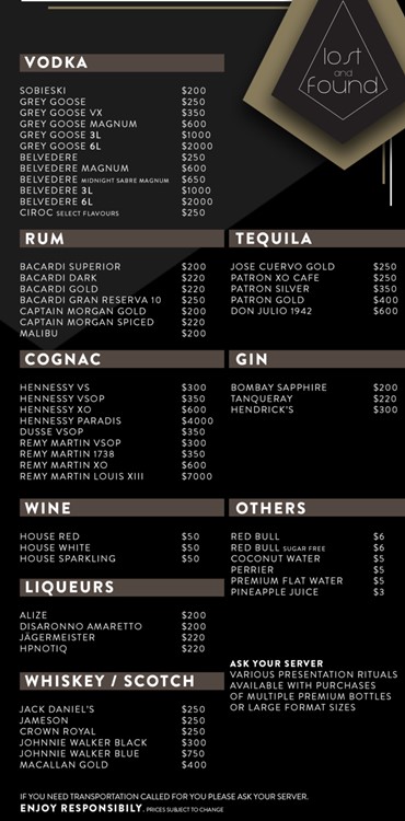 Lost and Found nightclub Toronto bottle menu service alcohol drinks cocktails vodka rum gin cognac mixers whisky