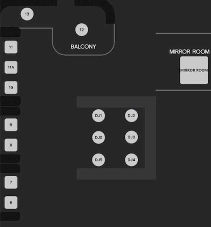 Love and Propaganda nightclub San Francisco floor plan map view dj booth table regular vip lounge mirror room