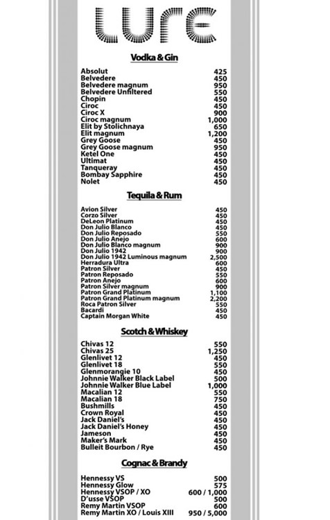 Lure nightclub La champagne price bottle vodka table service