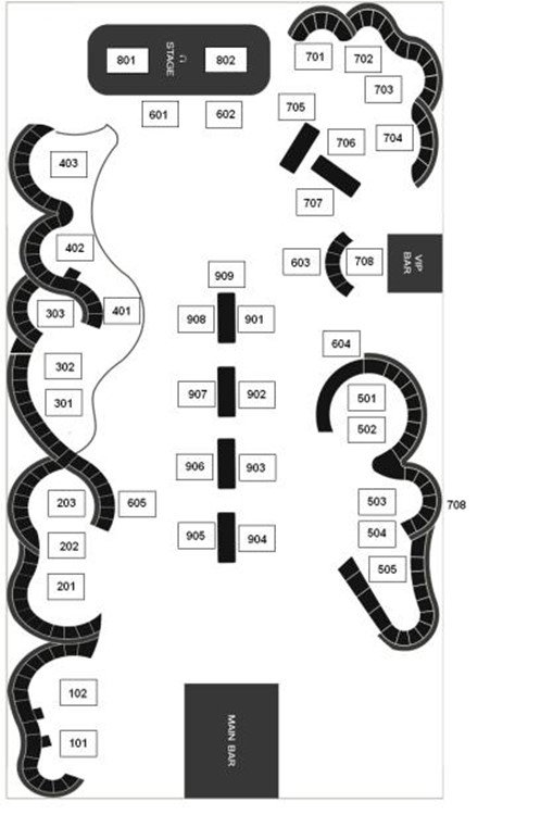 Lure nightclub Los Angeles map view of the club sitting area vip tables dance floor dj booth