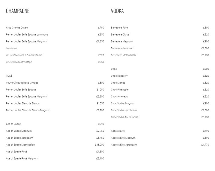 Luxx nightclub London bottle menu champagne vodka pricing