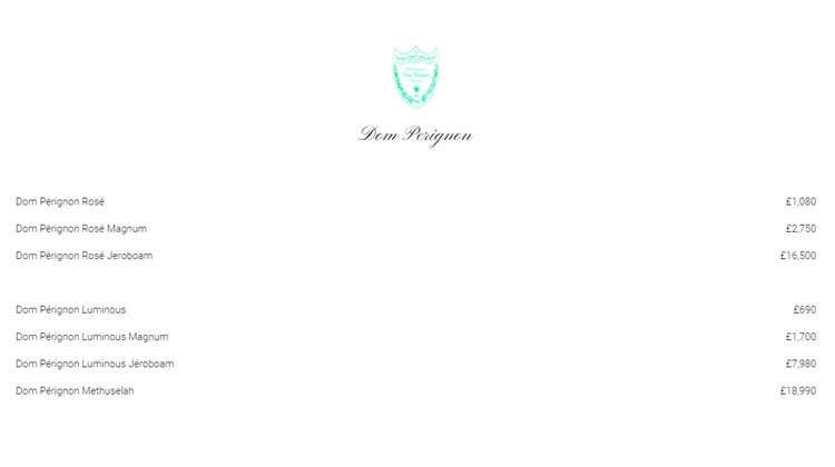 Luxx nightclub London bottle menu dom Perignon bubbles champagne price