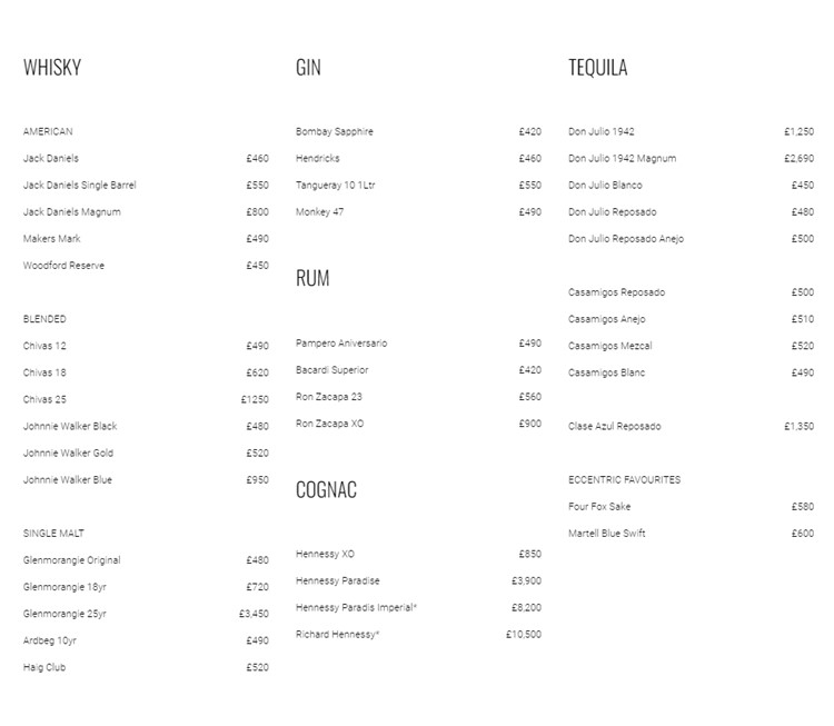 Luxx nightclub London bottle menu whisky gin tequila cognac alcohol pricing bottle service