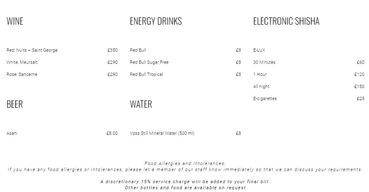 Luxx nightclub London bottle menu wines mixers beverages drinks