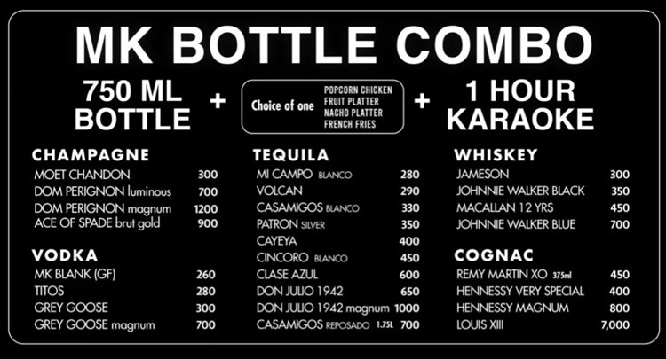 MK Lounge NYC new york city bottles pricing club alcohol bubbles vodka whisky 