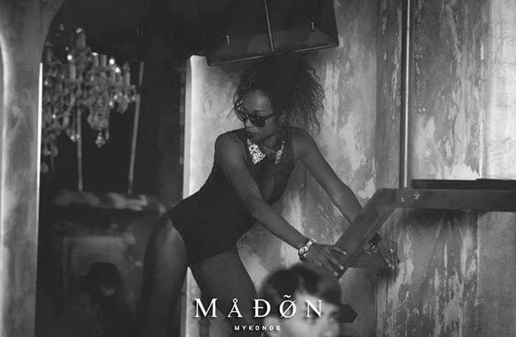 Madon nightclub Mykonos dancer dressed in black bodysuit