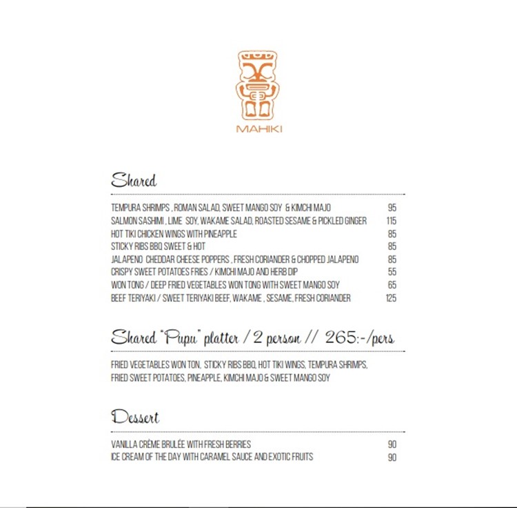 Mahiki Gothenburg nightclub menu food alcohol drinks prices reserve table