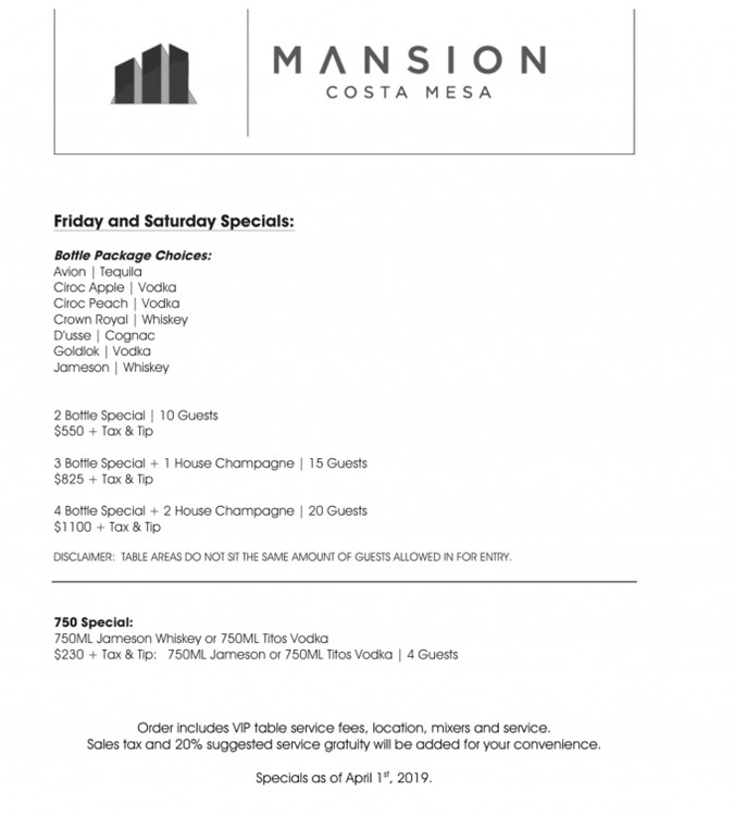 Mansion club Los Angeles packages deal prices table booking service book now