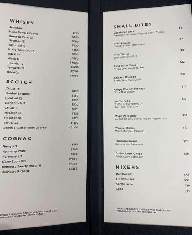 Marquee nightclub Singapore menu prices bottles whisky scotch cognac bubbles champagne vip table service