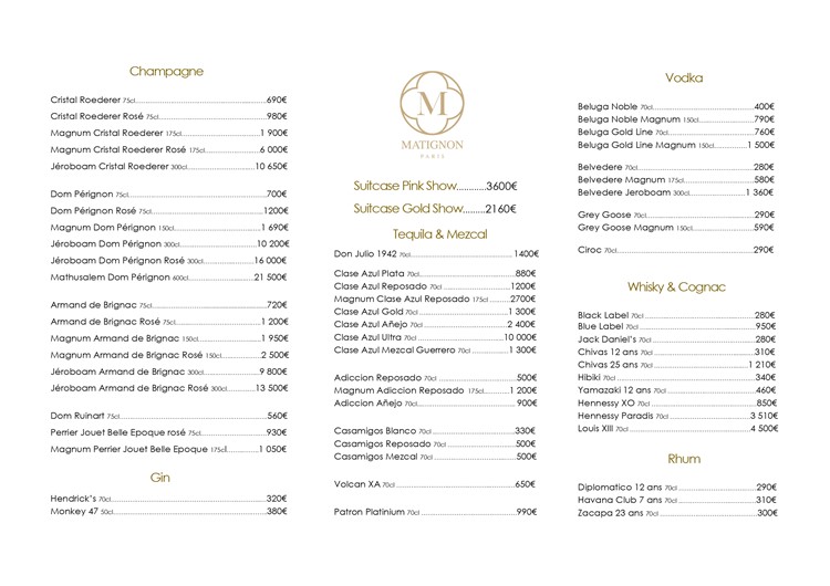 Matignon nightclub club Paris bottle menu packages pricing vodka rum gin cognac whisky champagne wine 