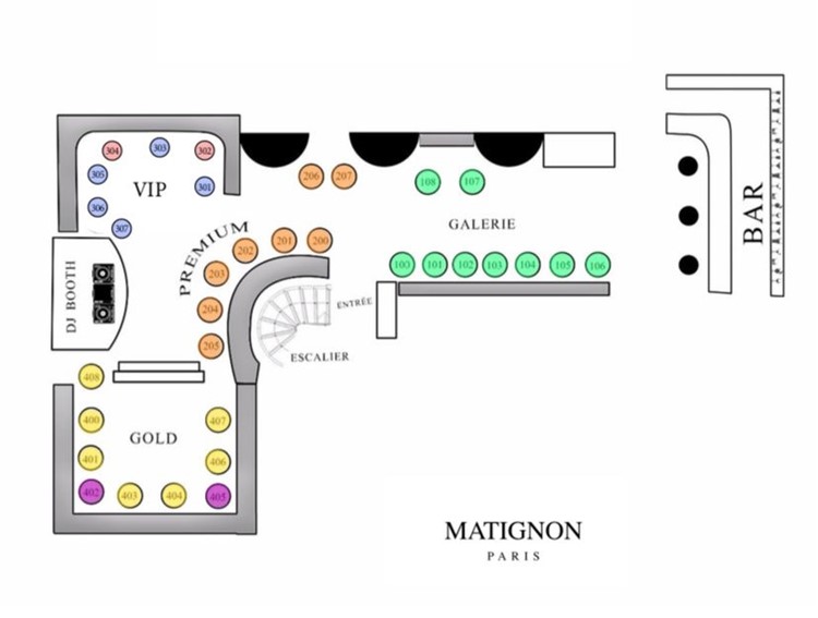 Matignon nightclub Paris table map tables seating chart vip premium dj dance floor areas 