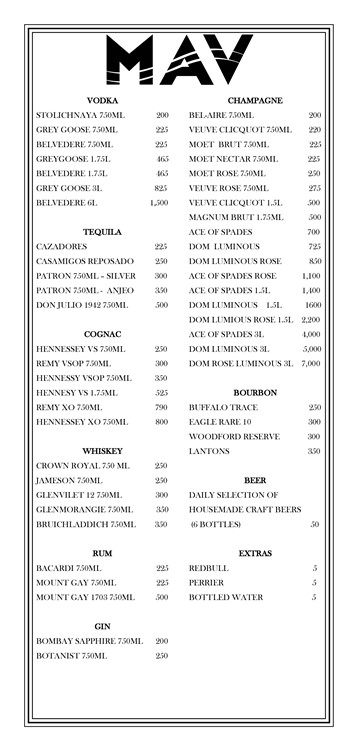 Mav nightclub Toronto bottle service menu prices champagne vodka rum gin cognac bourbon book vip table now