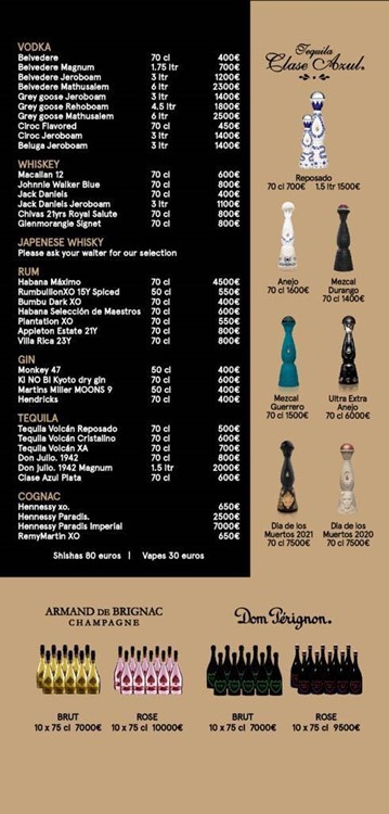 Mirage nightclub Marbella bottle menu pricing vodka rum gin cognac whisky sodas mixers juices
