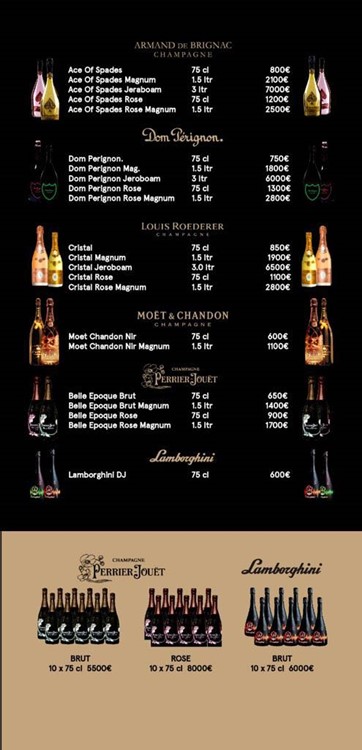 Mirage nightclub Marbella bottle menu champagne bottles bubbles pricing book your vip table now