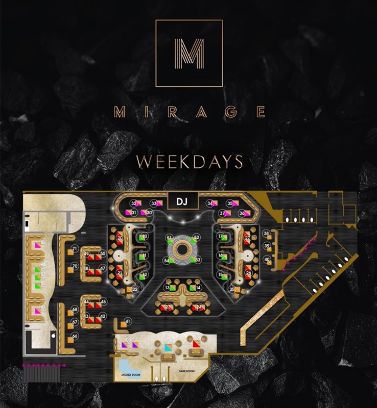 Mirage in Marbella club nightclub map view tables seating area dj booth lounge 