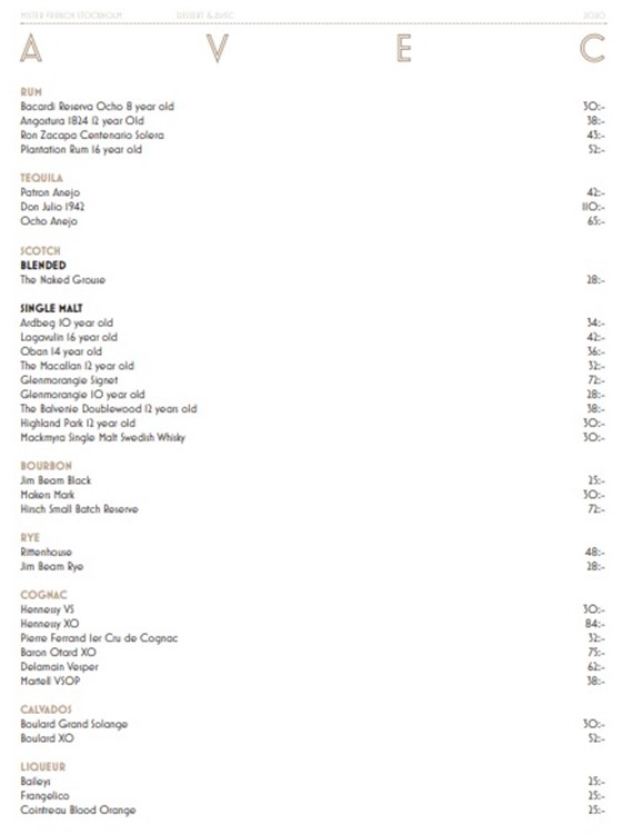 Mister French club Stockholm beverages bottle menu vodka rum gin cognac whisky champagne bubbles liquor book vip table
