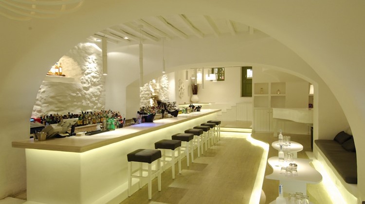 Moni nightclub Mykonos view of the interior of the club and bar white walls and modern furniture