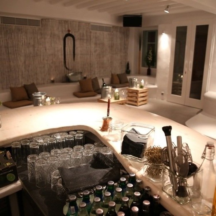 Moni nightclub Mykonos view of the interior inside the club modern interior design white beige colors