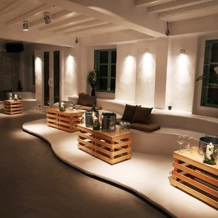 Moni nightclub Mykonos view of the interior inside the club modern interior design white beige colors