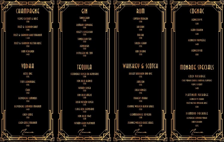Monroe nightclub San Francisco bottle menu prices champagne vodka rum gin cognac bubbles beverages book vip table service