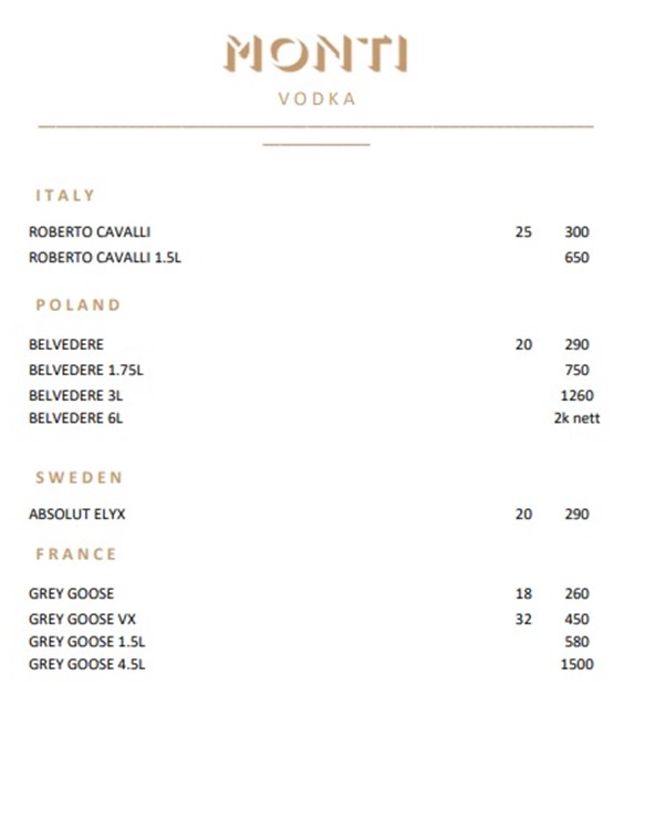 Monti club Singapore vodka bottle price brands