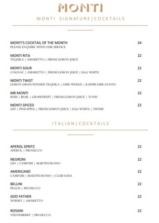 Monti club Singapore cocktails price glass mixers