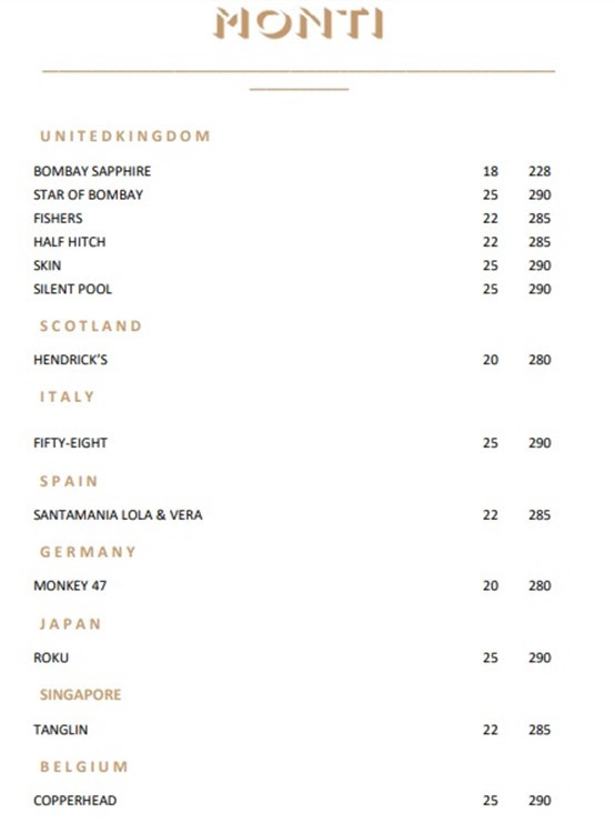 Monti club Singapore gin book prices menu 