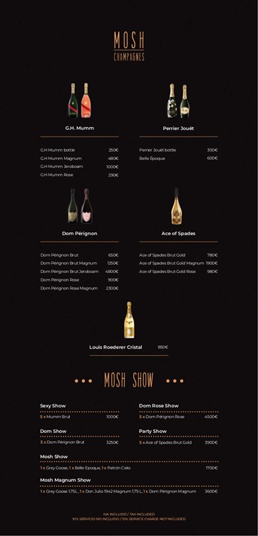 Mosh nightclub Marbella packages bottles menu price alcohol book your table now