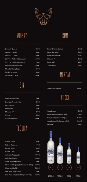 Mosh nightclub Marbella bottle menu pricing champagne vodka rum gin cognac whisky pricing