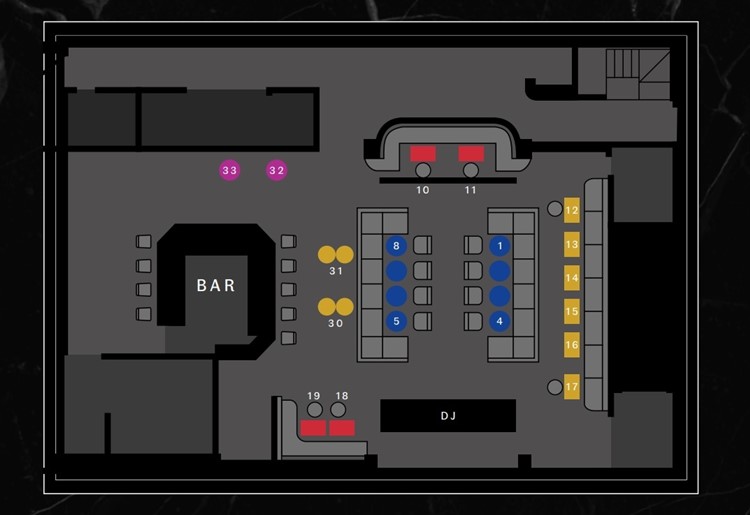 Motel Particulier nightclub Marbella table map view areas options VIP premium regular bar dance floor