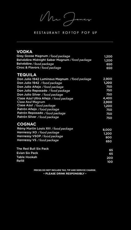 Mr Jones terrace Miami menu alcohol bottles whisky rum gin cognac prices