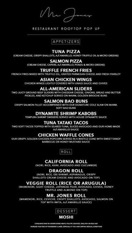 Food menu  mr jones outdoor rooftop 