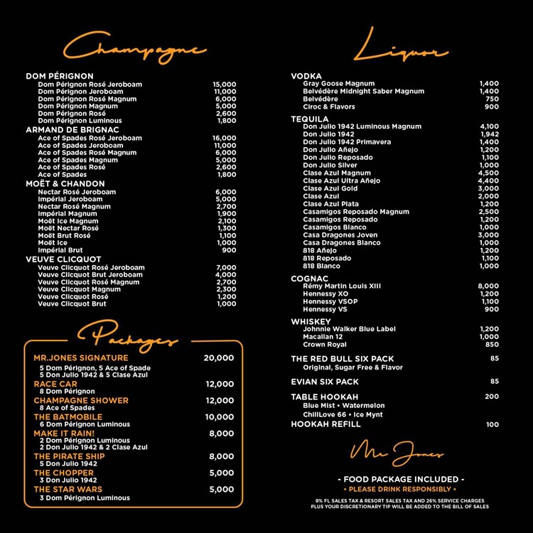 Mr Jones Miami nightclub bottle menu champagne bubbles liquor vodka cognac tequila whiskey mixers 