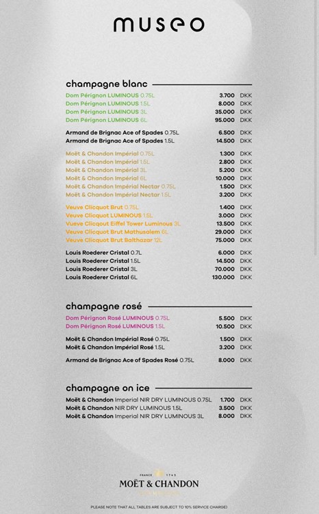 Museo nightclub in Copehagen bottle menu champagne bubbles white rose moet pricing dom perignon 