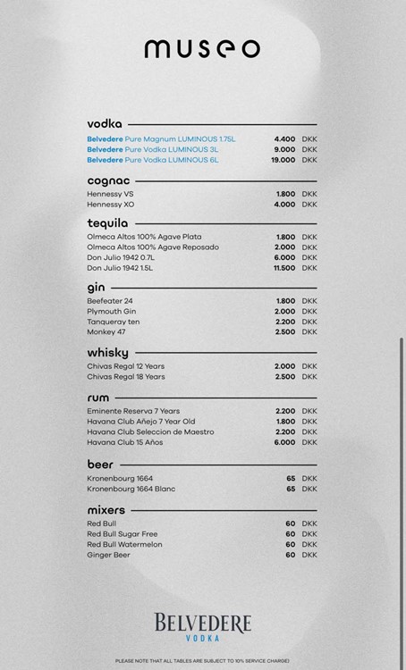Museo nightclub in Copehagen bottle menu vodka cognac tequila gin whisky rum mixers beverages 