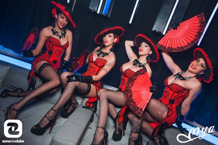 Mya nightclub Valencia sexy exotic dancers in red costumes cabaret corsets dance show
