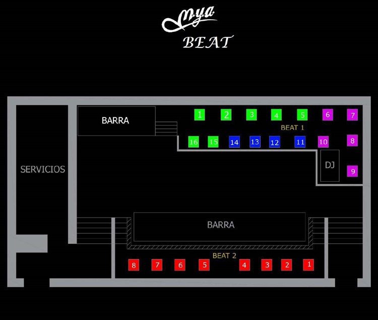 Mya nightclub Valencia tables map beat room bar dj vip premium regular areas