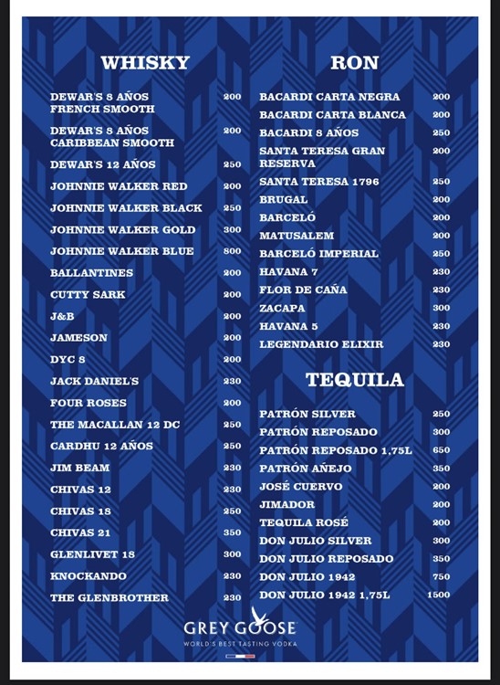 Mya nightclub Valencia bottle menu whiskey rum tequila bottles pricing 