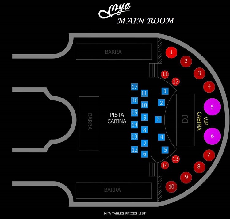 Mya nightclub Valencia table map main room vip area dj premium